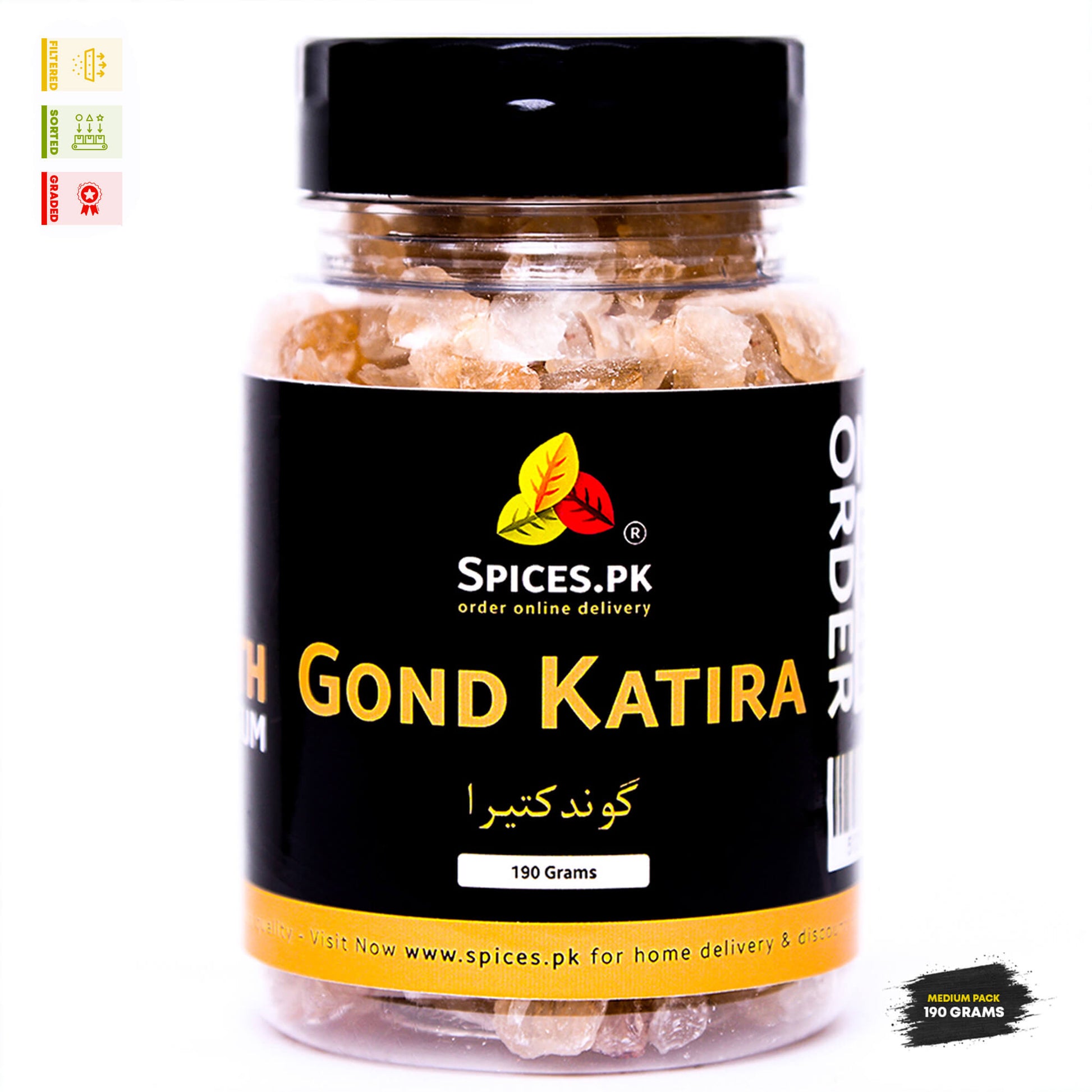 Front packaging of Spices.pk Gond Katira jar, 190 grams premium filtered, sorted, and graded edible gum.
