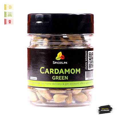 Premium Green Cardamom 40g bottle by Spices.pk, high-aroma whole spice perfect for biryani and baking.
