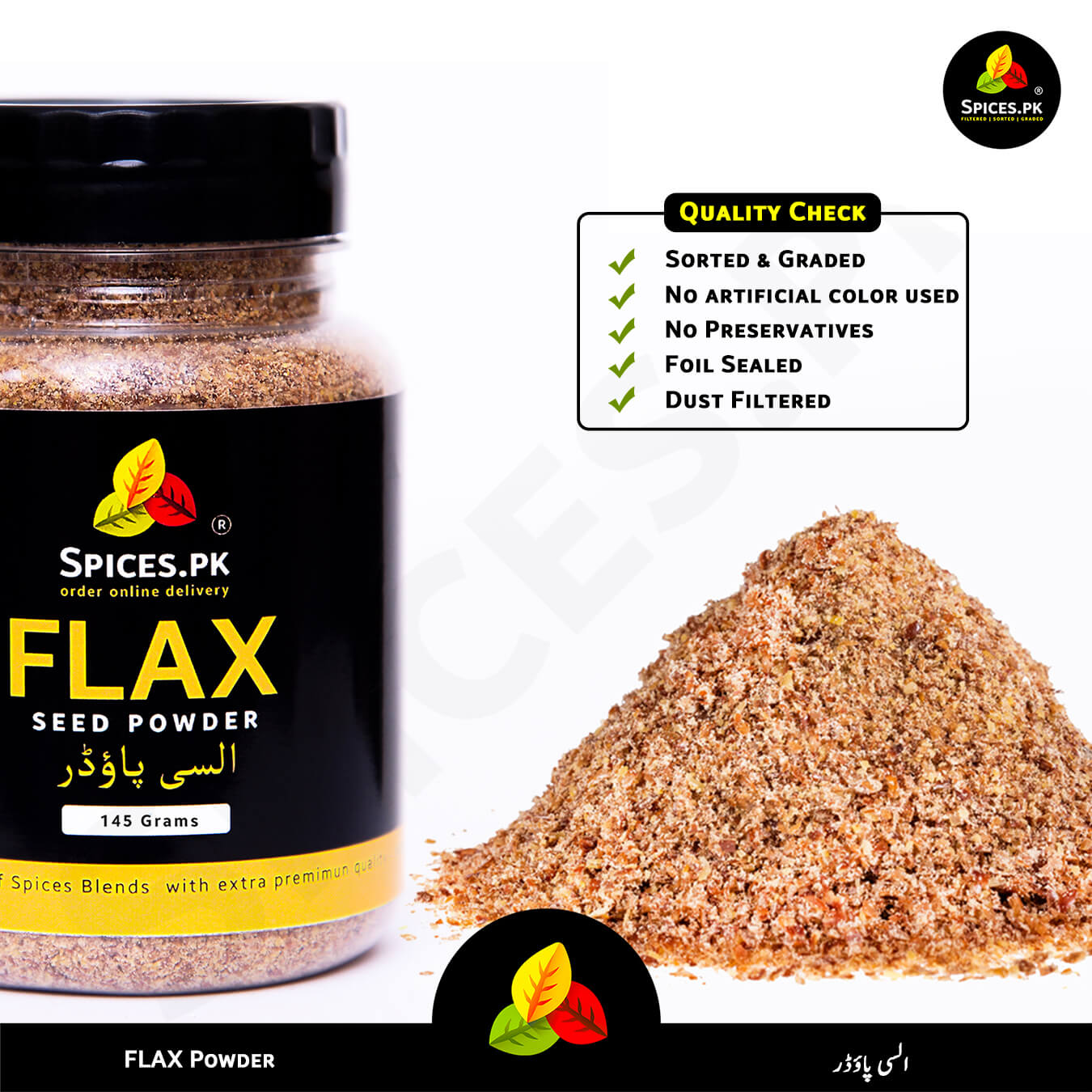 Premium ground alsi powder pile next to a 145g jar with dust-filtered and sorted product quality badge.Spices.PK flax seed powder jar with powder heap and quality check details on a white background