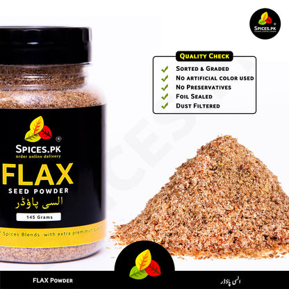 Premium ground alsi powder pile next to a 145g jar with dust-filtered and sorted product quality badge.Spices.PK flax seed powder jar with powder heap and quality check details on a white background
