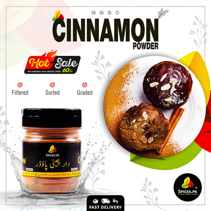 Fresh ground cinnamon powder sprinkled on chocolate desserts with a "Hot Sale" banner, perfect for professional baking.