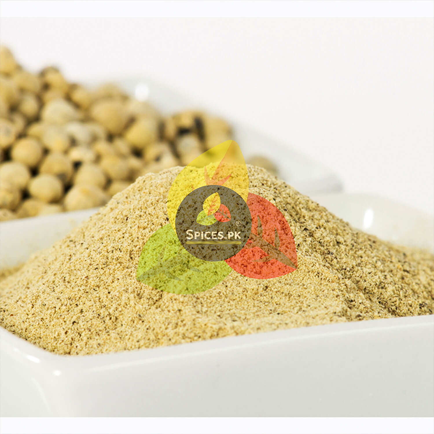 Fine texture of ground white pepper powder next to whole white peppercorns, showcasing the purity of Spices.pk products.