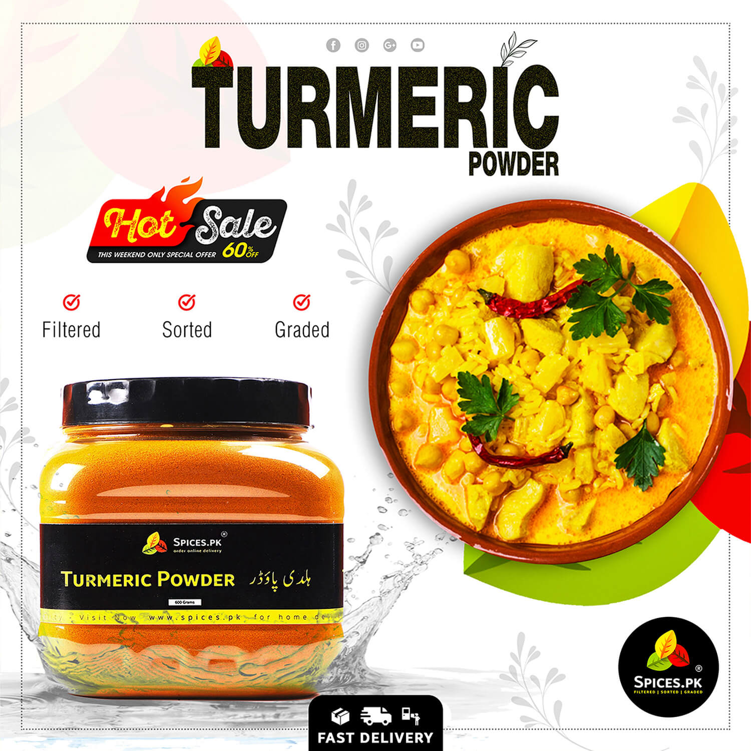 Turmeric Powder Hot Sale banner – 60% off on 600g Haldi pack with a delicious curry bowl display at Spices.pk.