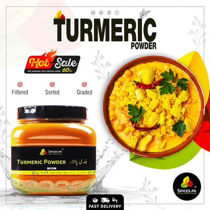 Turmeric Powder Hot Sale banner – 60% off on 600g Haldi pack with a delicious curry bowl display at Spices.pk.