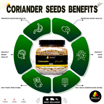 Coriander seeds benefits infographic with a jar of coriander seeds in the center.Health benefits of Coriander Seeds (Sabut Dhania) infographic: Promotes digestion, heart health, and brain health by Spices.pk.