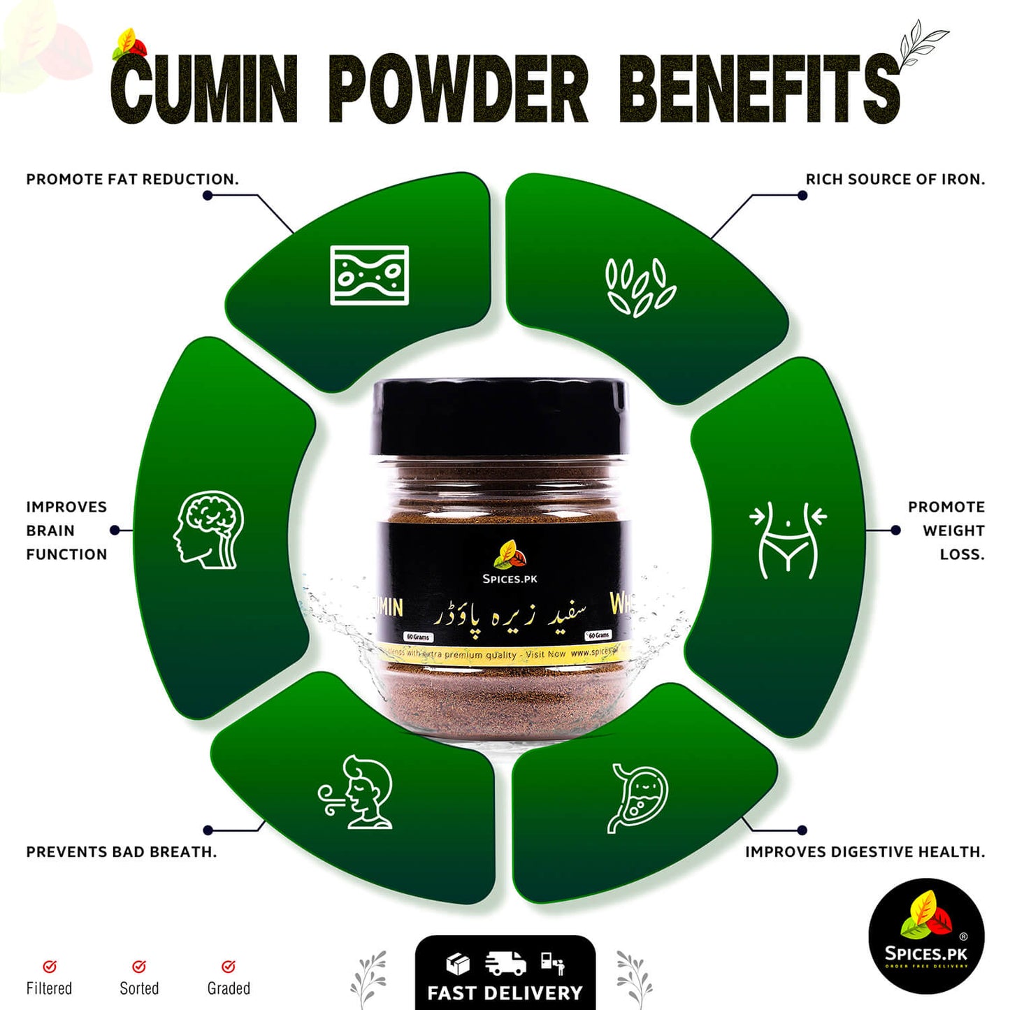 Infographic showing Cumin Powder benefits: promotes weight loss, improves digestive health, rich source of iron, improves brain function, and prevents bad breath.
