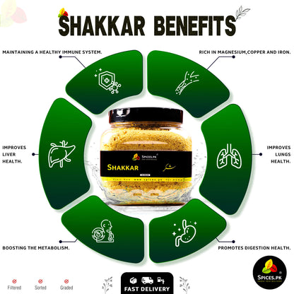 nfographic showing benefits of pure gur ki shakkar for digestion, metabolism, liver, and immune health.Shakkar product with health benefits listed on a white background