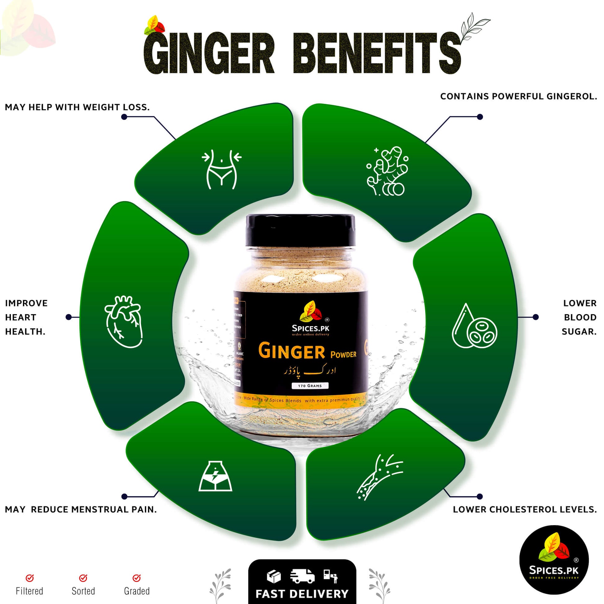 Infographic showing ginger powder benefits: weight loss, heart health, lower blood sugar, and high gingerol content. Spices.pk.