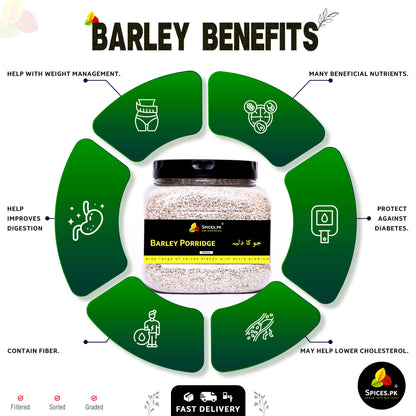 Infographic listing health benefits of barley porridge including weight management, digestion support, and cholesterol control.Barley porridge container with health benefits listed on a green circular diagram