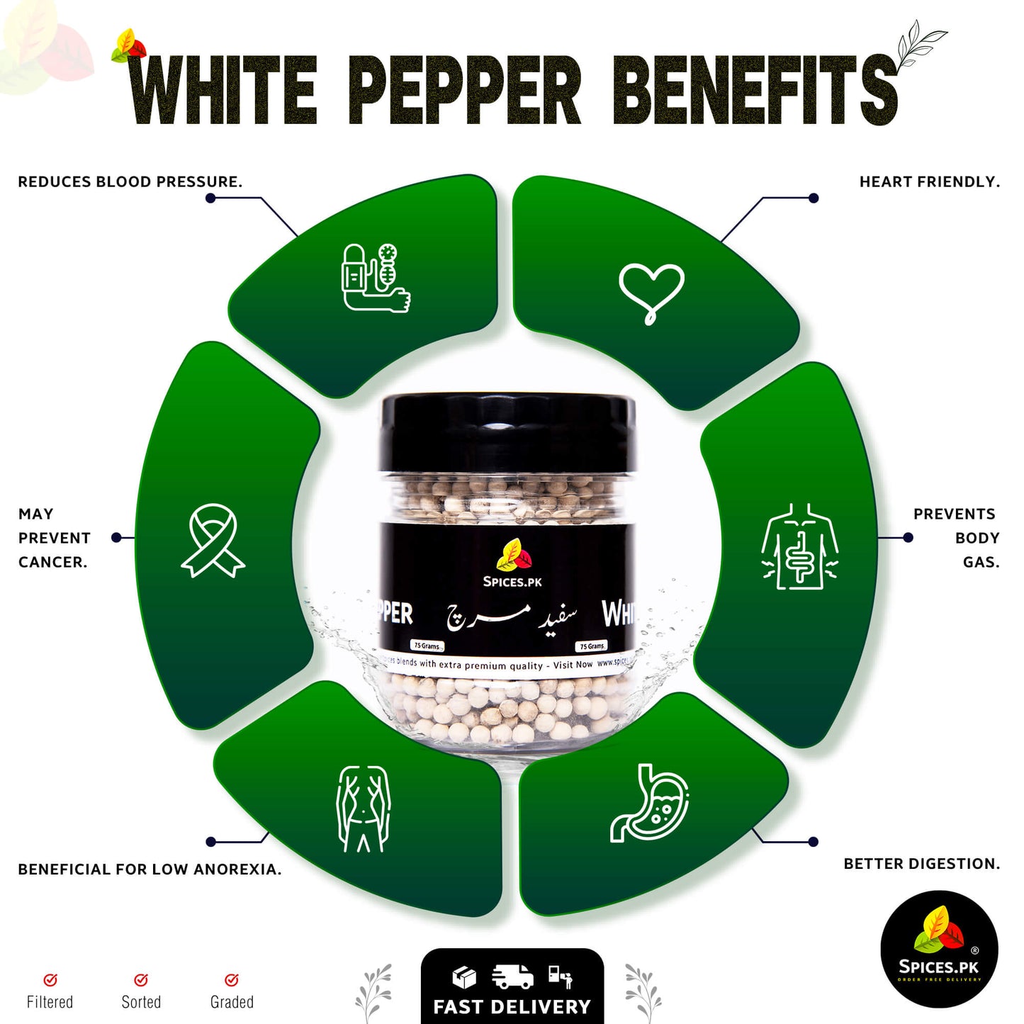 Infographic detailing the health benefits of dakhni mirch, such as better digestion and reducing blood pressure, from Spices.pk.
