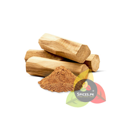 A  mound of finely ground herbal chandan powder with an original sandalwood stick on top. Ideal for cooling sun tan removal packs.