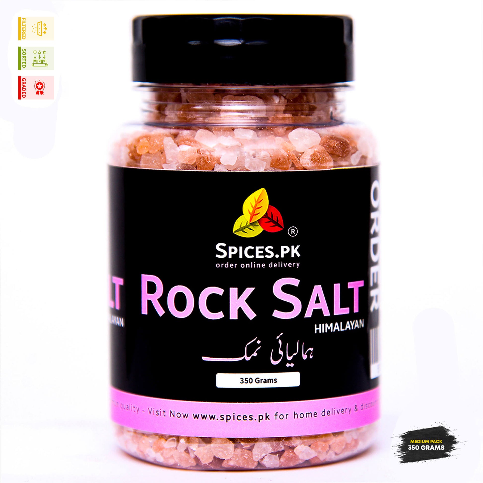 Health benefits of Himalayan Pink Salt, including better sleep, balanced pH, digestion support, and increased body minerals.Jar of Himalayan rock salt with Spices.PK branding on a white background