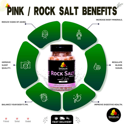Health benefits of Himalayan Pink Salt, including better sleep, balanced pH, digestion support, and increased body minerals.Spices.pk pink rock salt benefits infographic with a jar of salt in the center.