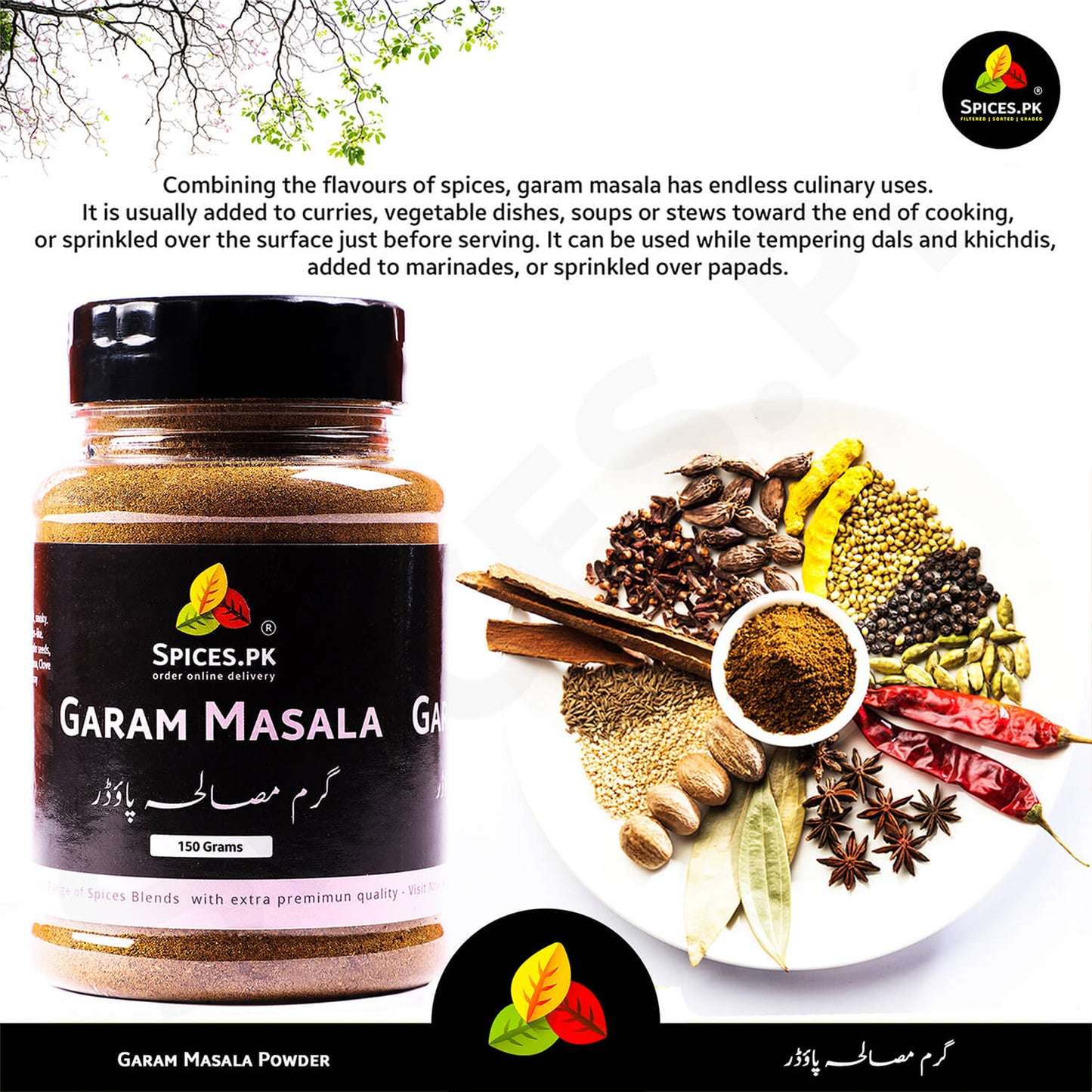 Infographic showing the whole spice ingredients used to make Spices.pk Garam Masala Powder, including cinnamon, cloves, black pepper, and cardamom. Pure, natural blend with no preservatives or artificial colors.