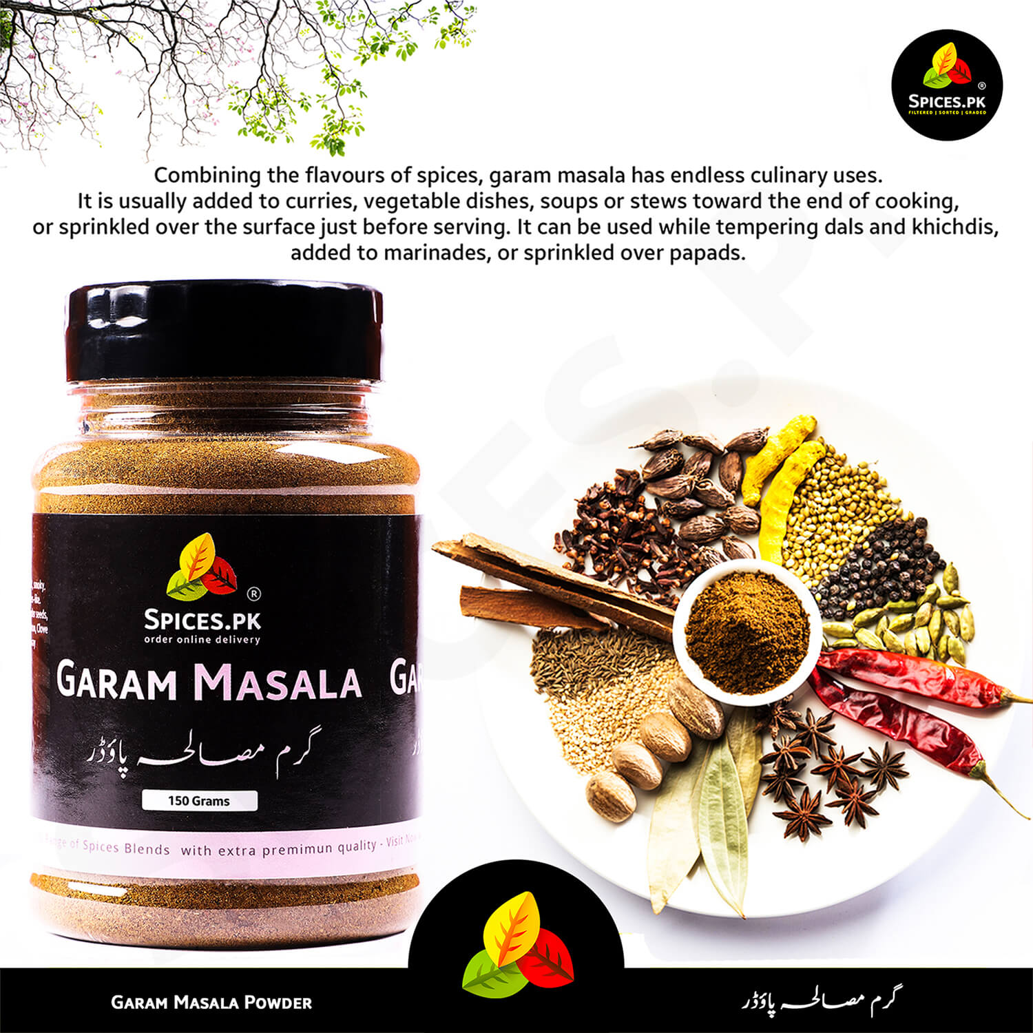 Infographic showing the whole spice ingredients used to make Spices.pk Garam Masala Powder, including cinnamon, cloves, black pepper, and cardamom. Pure, natural blend with no preservatives or artificial colors.
