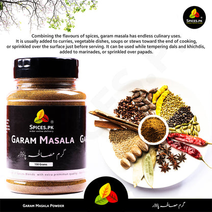 Infographic showing the whole spice ingredients used to make Spices.pk Garam Masala Powder, including cinnamon, cloves, black pepper, and cardamom. Pure, natural blend with no preservatives or artificial colors.