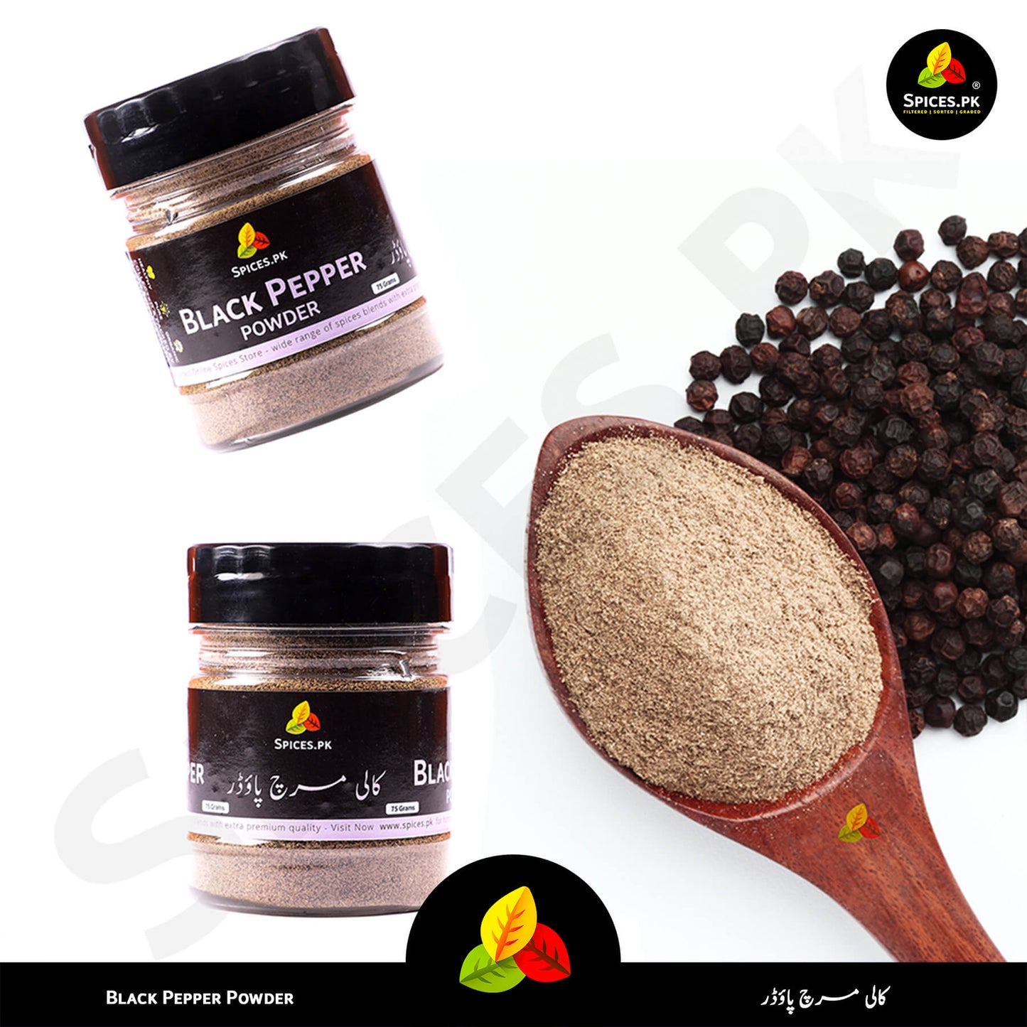 Black pepper powder in a jar with a spoonful of powder and black peppercorns on a white background. Comparison of Spices.pk whole black peppercorns and fine Kali Mirch powder in a wooden spoon.