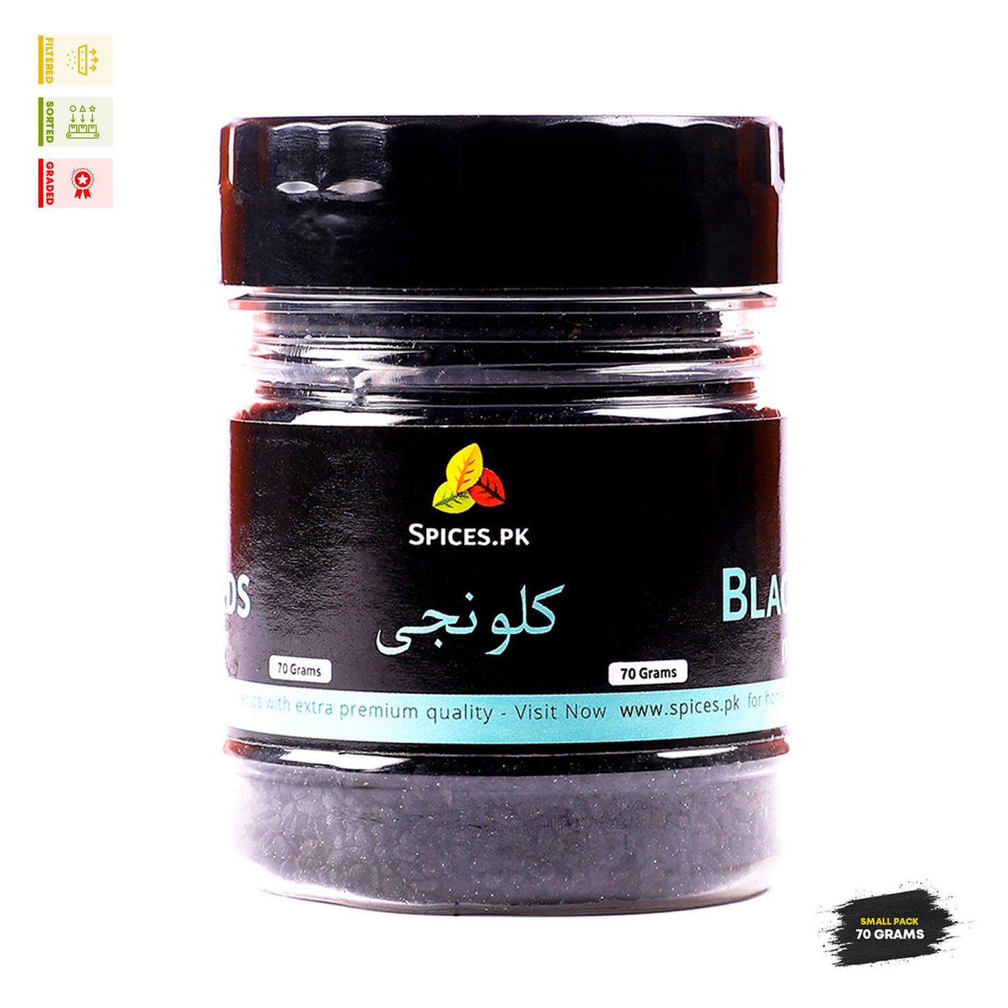 Spices.pk Kalonji (Black Seed) 40g jar, premium quality whole seeds used in Sunnah medicine and traditional cooking.