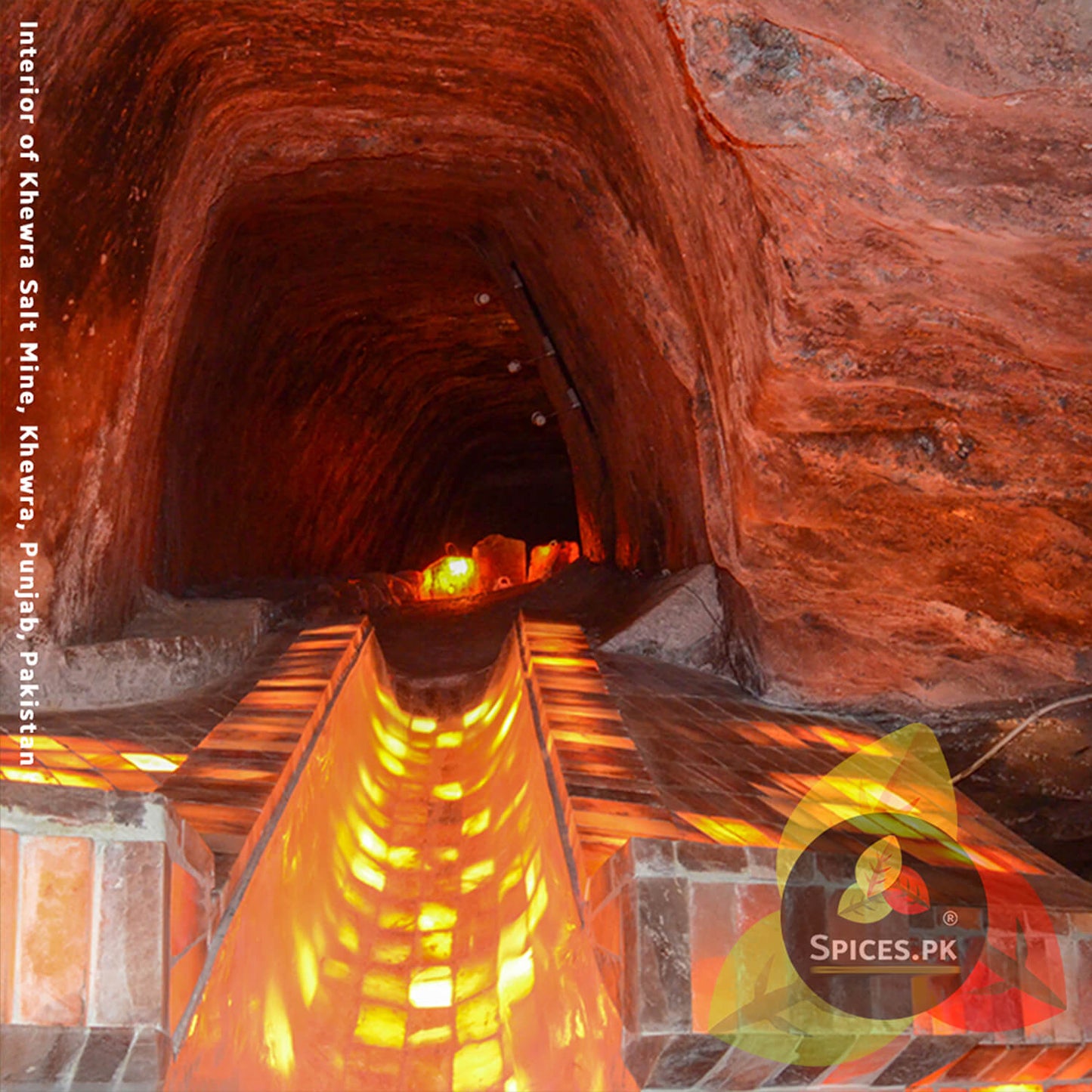 Interior view of the historic Khewra Salt Mine in Punjab, Pakistan, the authentic origin source of Spices.pk Himalayan pink salt.Tunnel in a salt mine with visible steps and lighting, branded 'Spices.PK'.