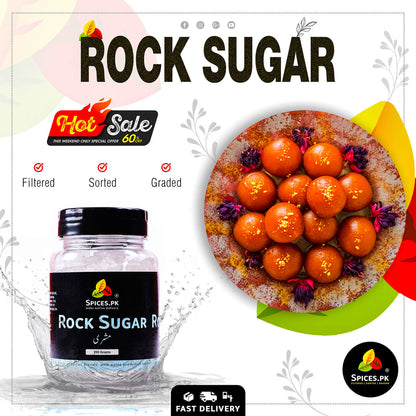 Authentic Pakistani dessert platter presented alongside Spices.pk pure Koza Mishri jar for premium quality cooking.Advertisement for Spices.PK rock sugar with a jar and decorative plate of rock sugar.