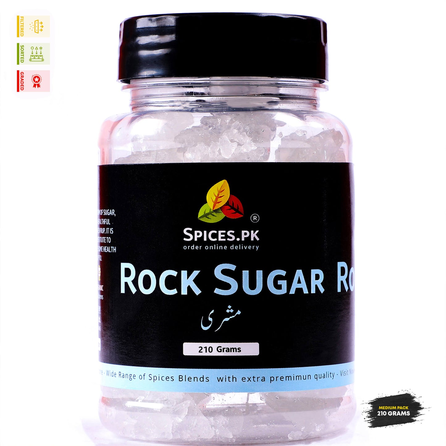 Spices.pk Kuja Mishri jar in a 210g medium pack. Pure premium organic rock sugar online in Pakistan..Bottle of Spices.PK Rock Sugar on a white background