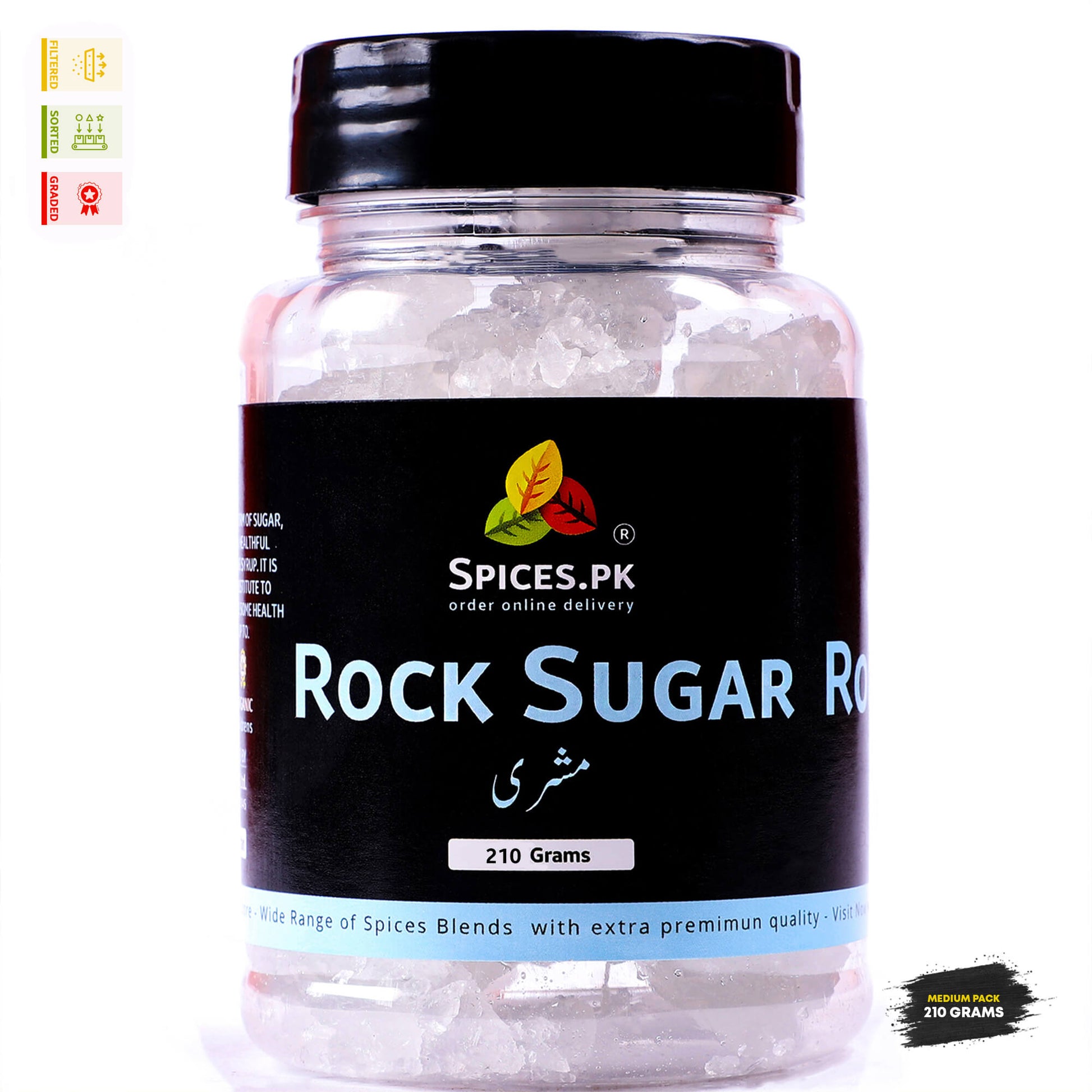 Spices.pk Kuja Mishri jar in a 210g medium pack. Pure premium organic rock sugar online in Pakistan..Bottle of Spices.PK Rock Sugar on a white background