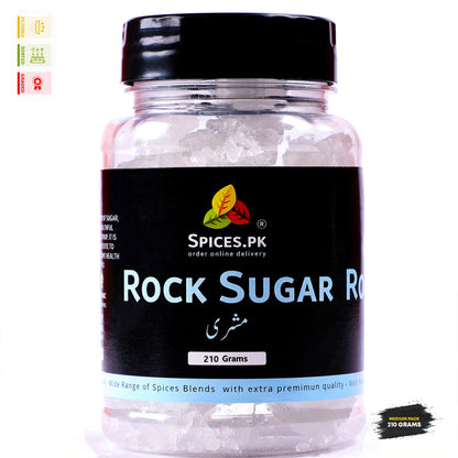 Spices.pk Kuja Mishri jar in a 210g medium pack. Pure premium organic rock sugar online in Pakistan..Bottle of Spices.PK Rock Sugar on a white background