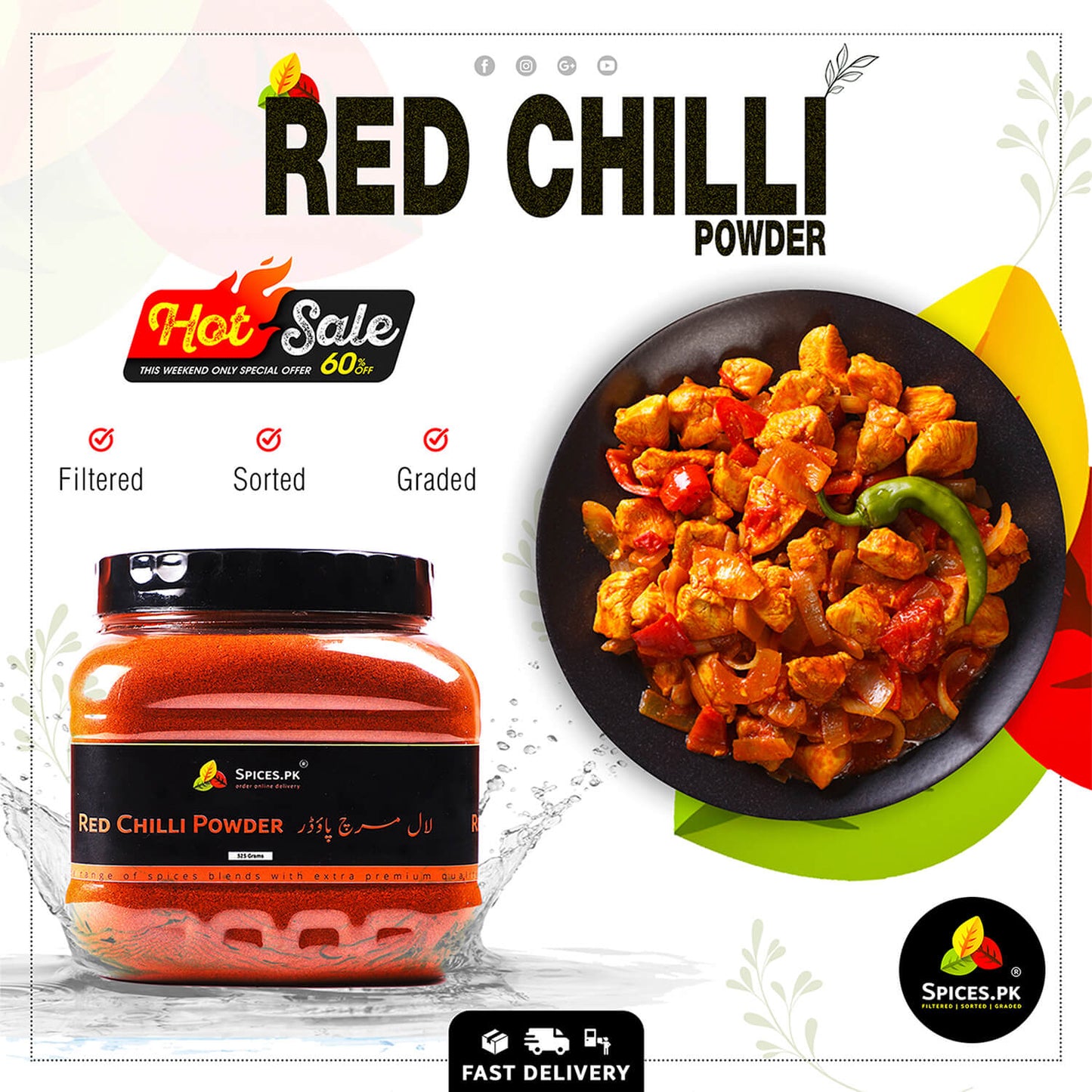 Red Chilli Powder Hot Sale banner – 60% off special offer on bulk 525g pack featuring a vibrant chicken curry dish from Spices.pk.