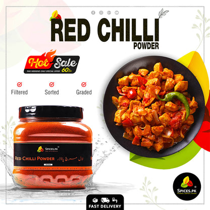 Red Chilli Powder Hot Sale banner – 60% off special offer on bulk 525g pack featuring a vibrant chicken curry dish from Spices.pk.