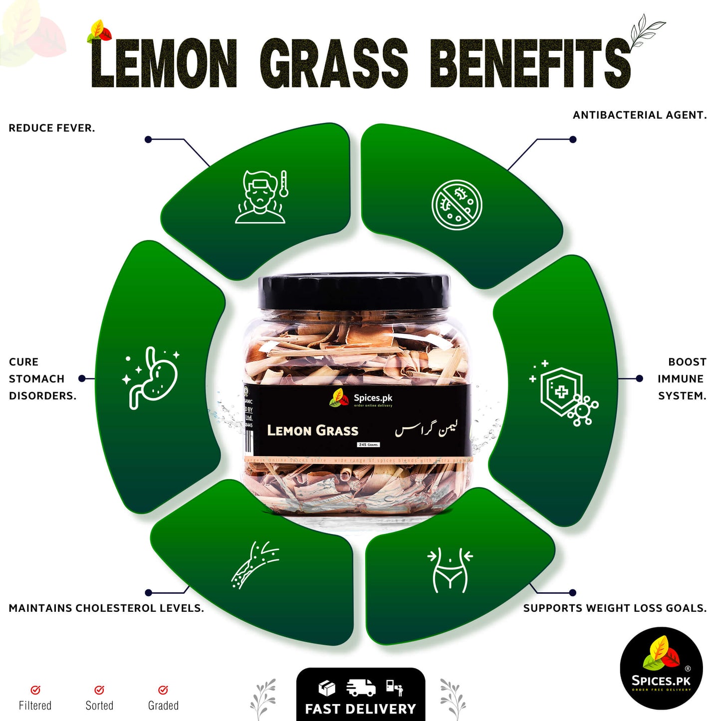 Health benefits of Spices.pk Lemon Grass: supports weight loss, boosts immunity, reduces fever, cures stomach disorders, and maintains cholesterol.