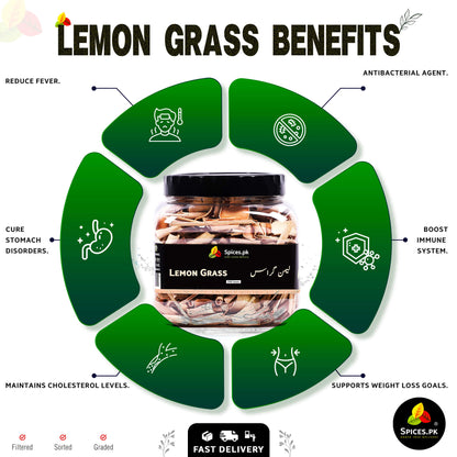 Health benefits of Spices.pk Lemon Grass: supports weight loss, boosts immunity, reduces fever, cures stomach disorders, and maintains cholesterol.