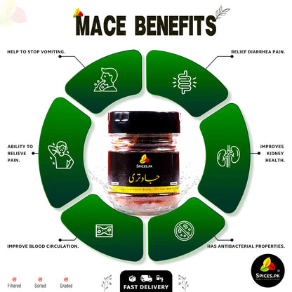 Health benefits of Mace (Javitri): Improves kidney health, relieves pain, stops vomiting, and boosts blood circulation.
