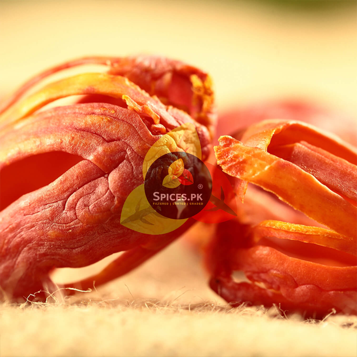 Macro close-up of high-quality red Mace (Javitri) blades showing natural texture and vibrant color.