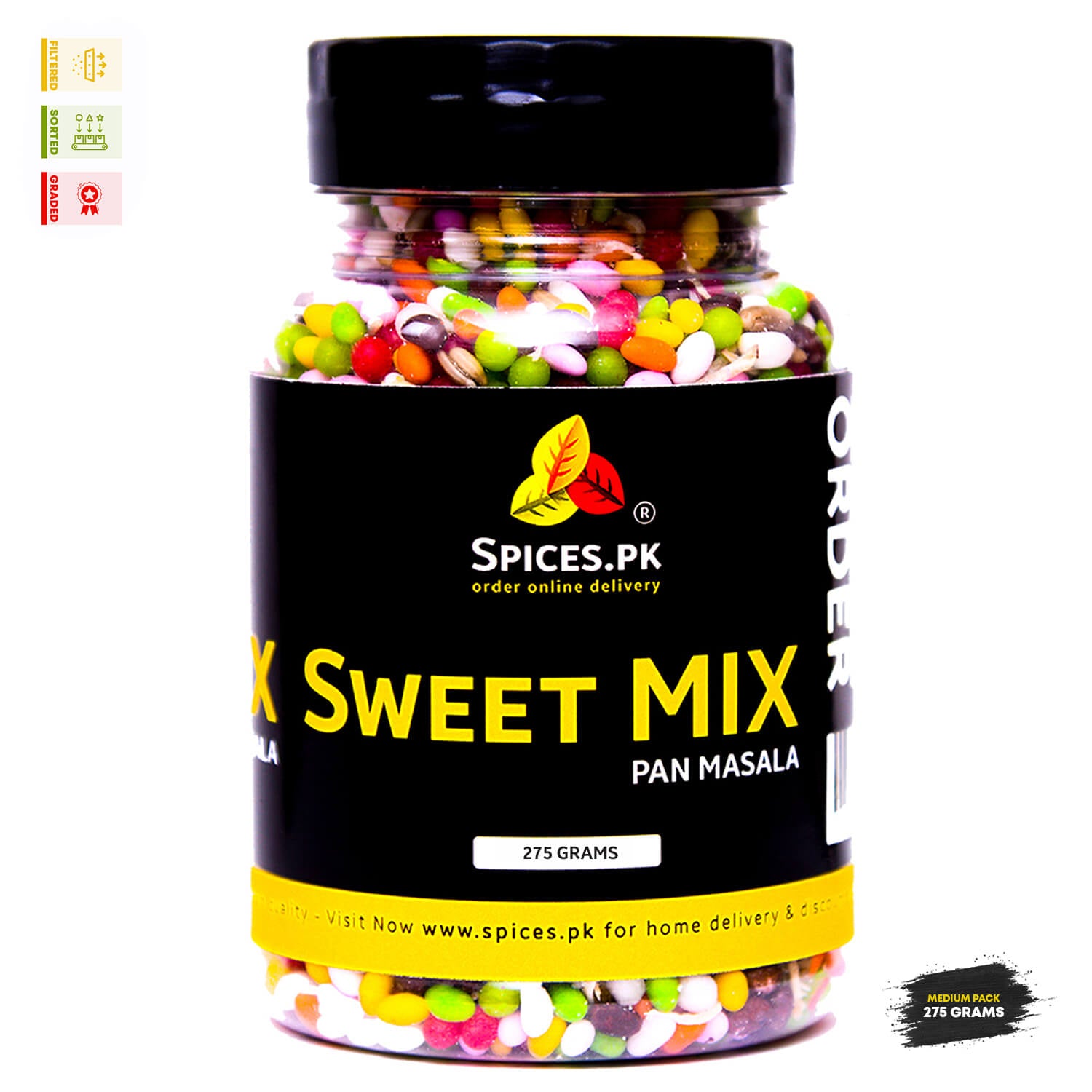 Premium 275 grams jar of Sweet Mix Pan Masala from Spices.pk, a filtered and graded premium sweet mouth freshener mukhwas.Jar of 'Sweet Mix' pan masala with colorful contents on a white background