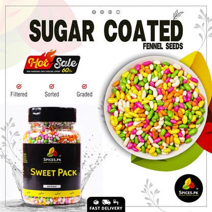 Colorful sugar-coated fennel seeds in a bowl with packaging labeled 'Sweet Pack' and 'Spices.PK'.High-quality sugar coated fennel seeds for after-meal digestion.
