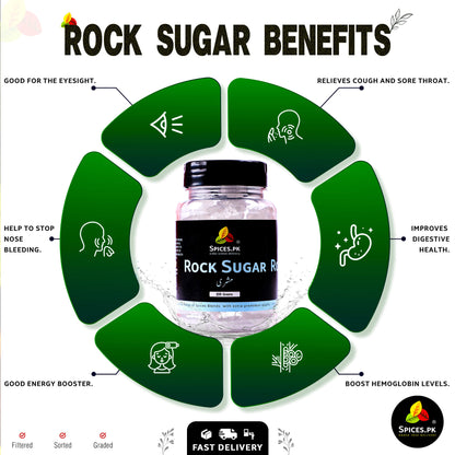 Infographic listing health benefits of rock sugar including digestion, relieving cough, sore throat, and boosting hemoglobin..Infographic on rock sugar benefits with a jar of rock sugar in the center.