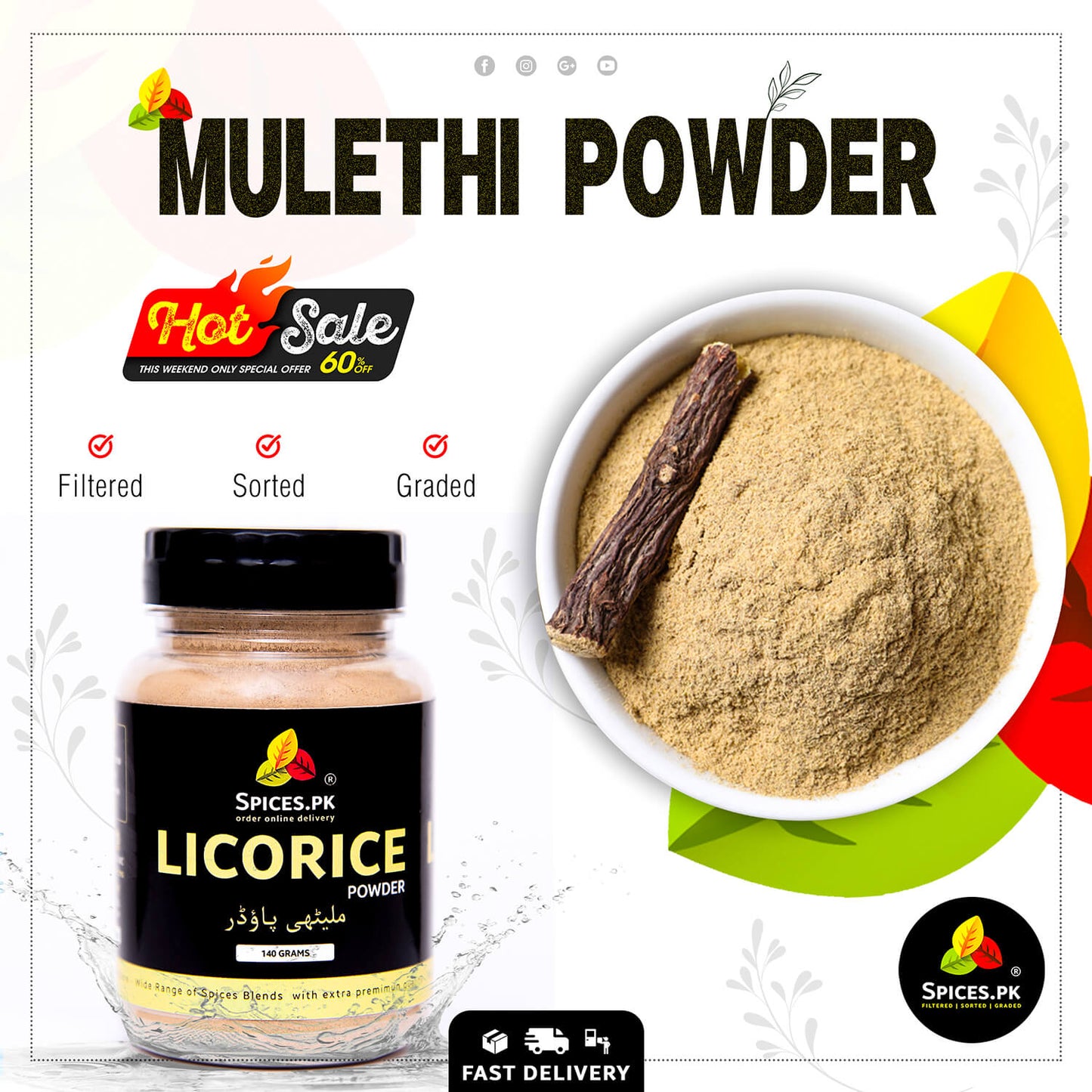 Spices.pk 140 grams licorice mulethi powder on sale next to a ceramic bowl of fine herbal powder and a dried root stick.