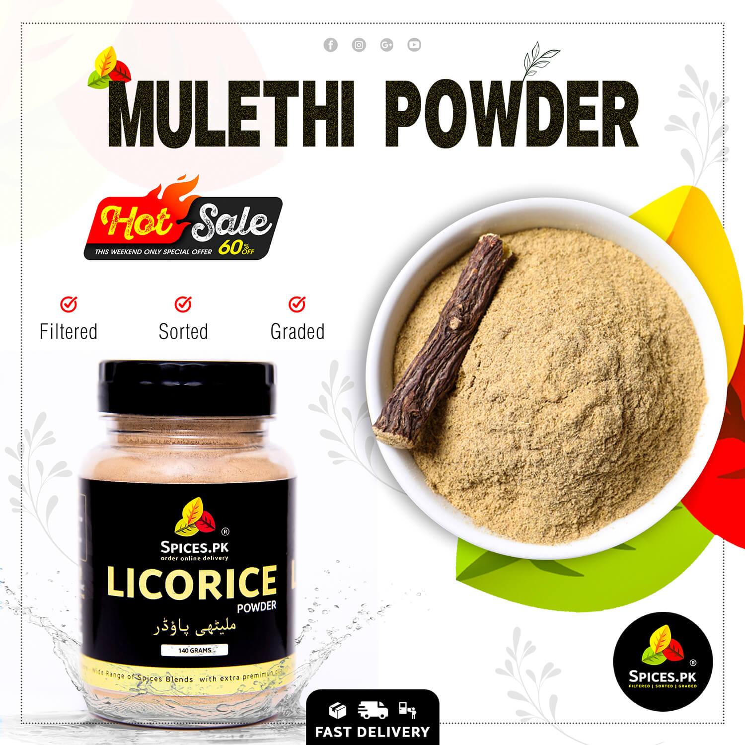 Spices.pk 140 grams licorice mulethi powder on sale next to a ceramic bowl of fine herbal powder and a dried root stick.