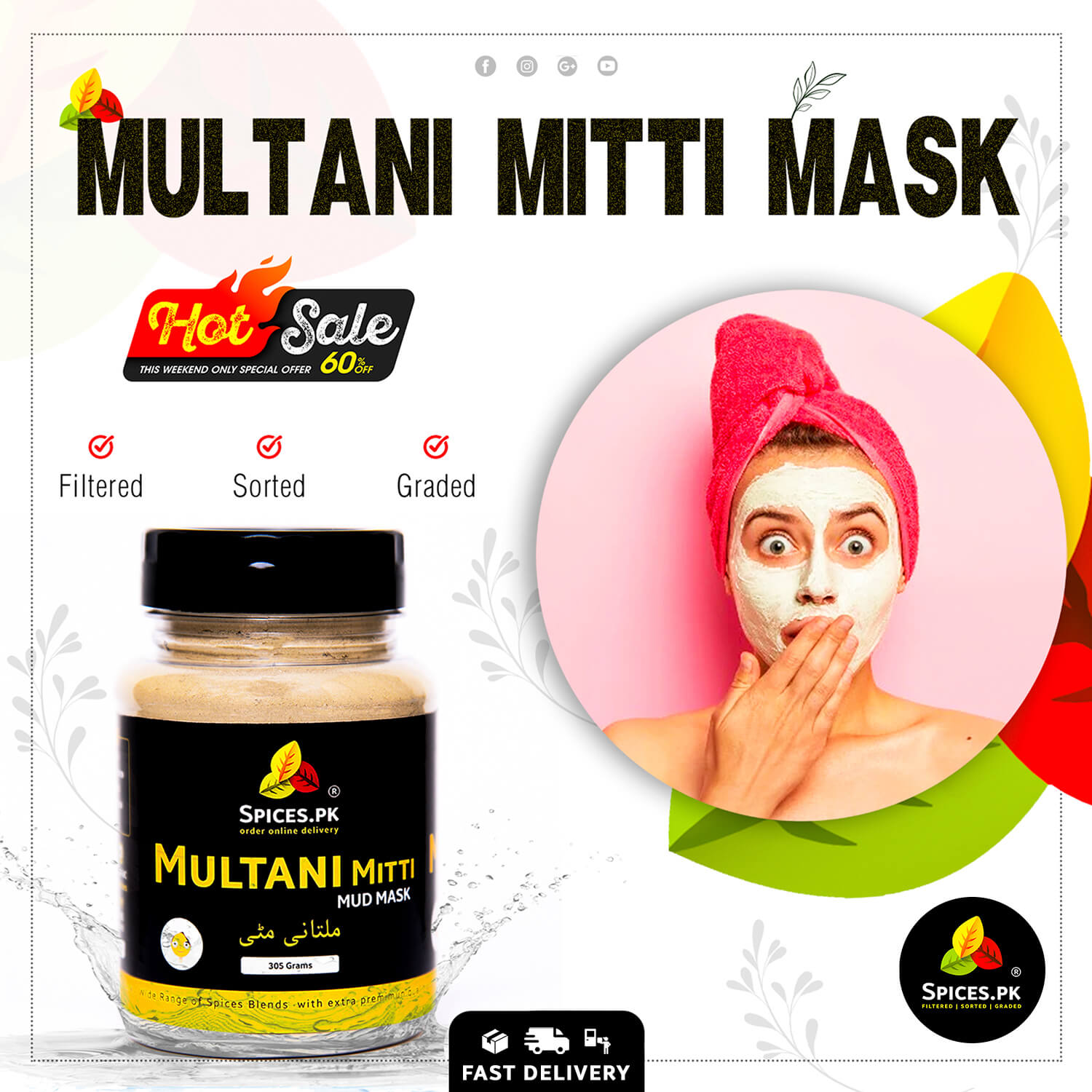 Spices.pk Multani Mitti Mask promotional banner featuring a woman wearing a herbal face pack mask for a glowing complexion.