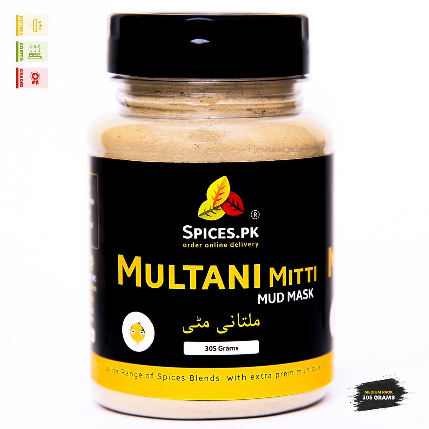 Spices.pk premium Multani Mitti Mud Mask in a 305 Grams medium pack jar, filtered, sorted, and graded for high quality.