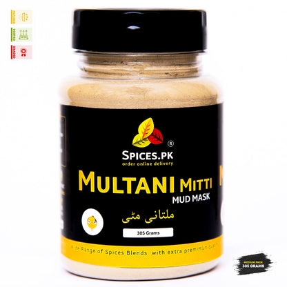 Spices.pk premium Multani Mitti Mud Mask in a 305 Grams medium pack jar, filtered, sorted, and graded for high quality.