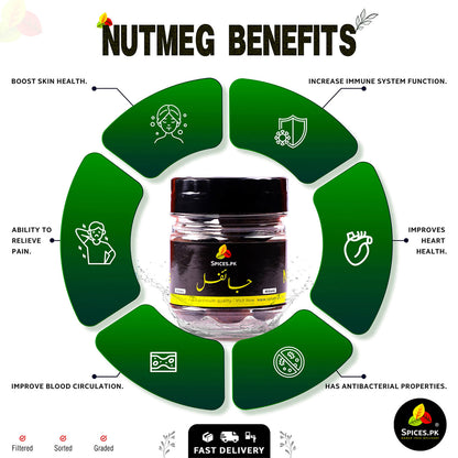 Health benefits of Nutmeg (Jaifal): Improves skin health, boosts immunity, relieves pain, and improves heart health.