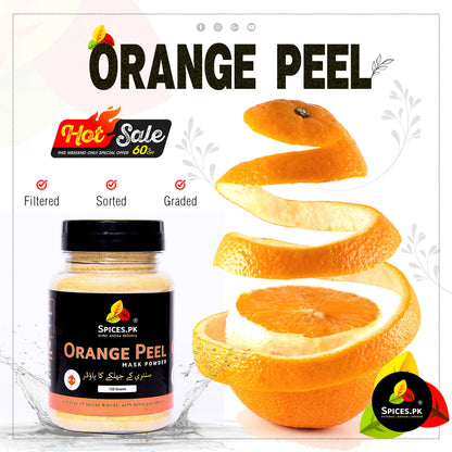 Spices.pk 120g jar of orange peel mask powder for skin. Filtered, pure narang powder on sale. The ultimate natural citrus exfoliant mask.Spices.Pk orange peel powder packaging with sliced oranges on a white background