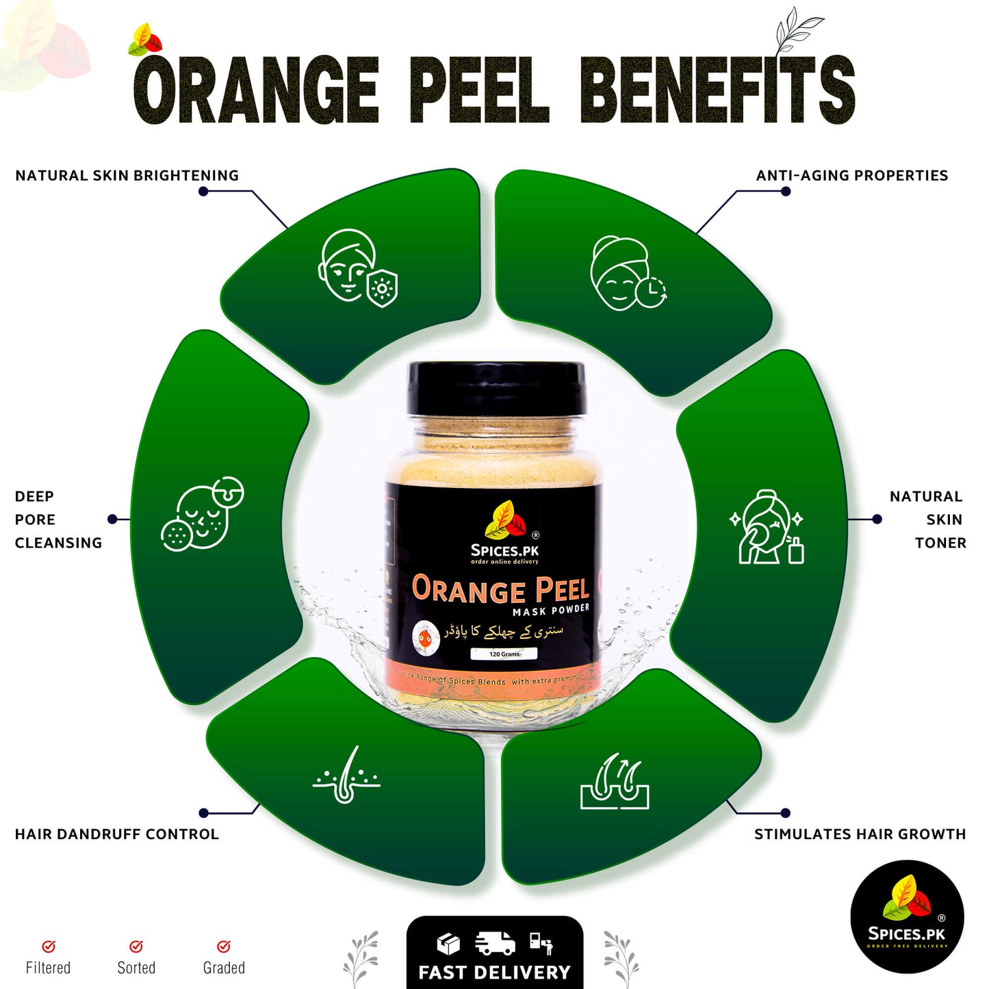 Discover orange peel powder benefits: natural skin brightening, pore cleansing, and anti-aging. Spices.pk offers pure powder for face masks.