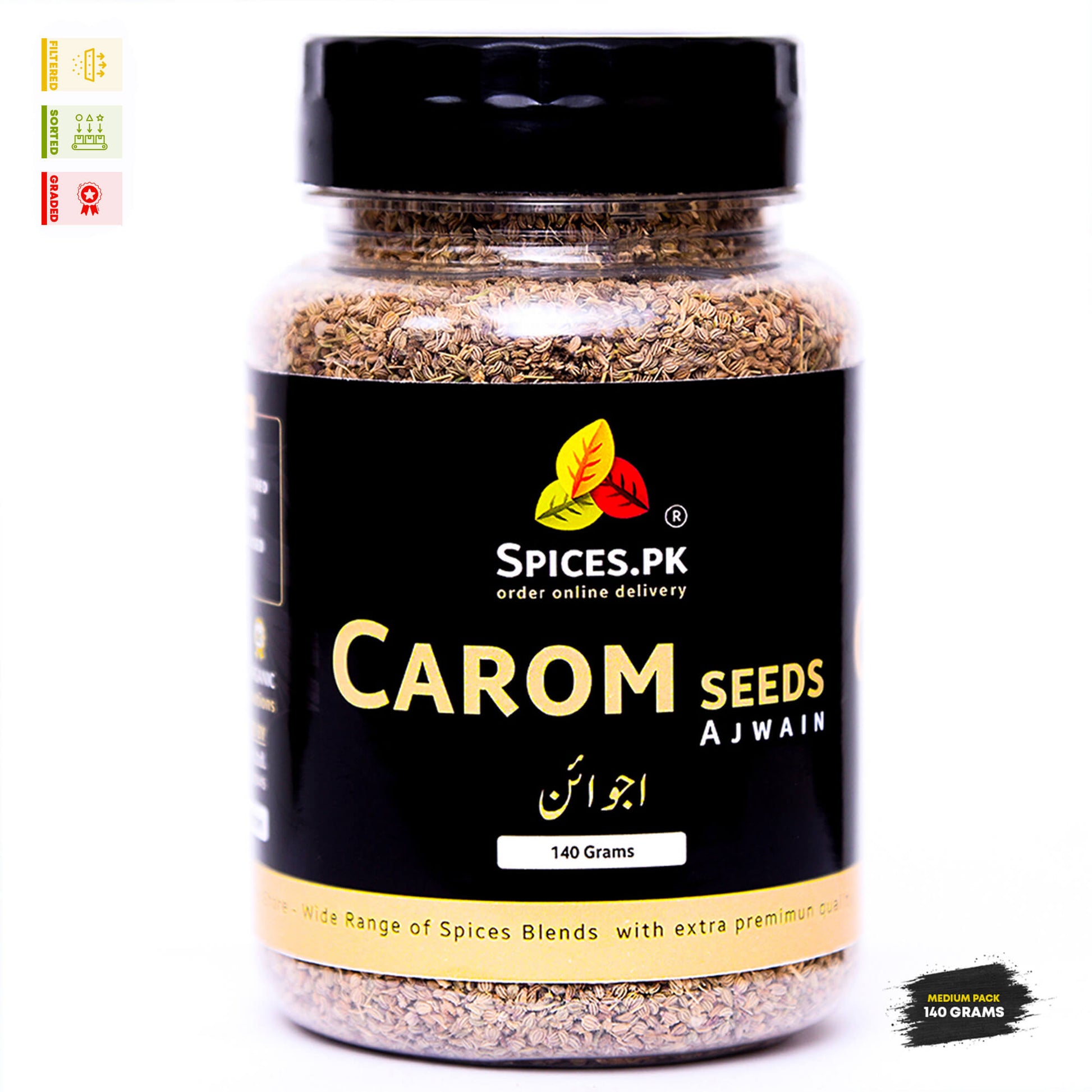 Front view of Spices.pk 140g clear jar containing organic carom seeds with Urdu script labeling (اجوائن) for Pakistani online shoppers.Jar of carom seeds with Spices.PK branding on a white background