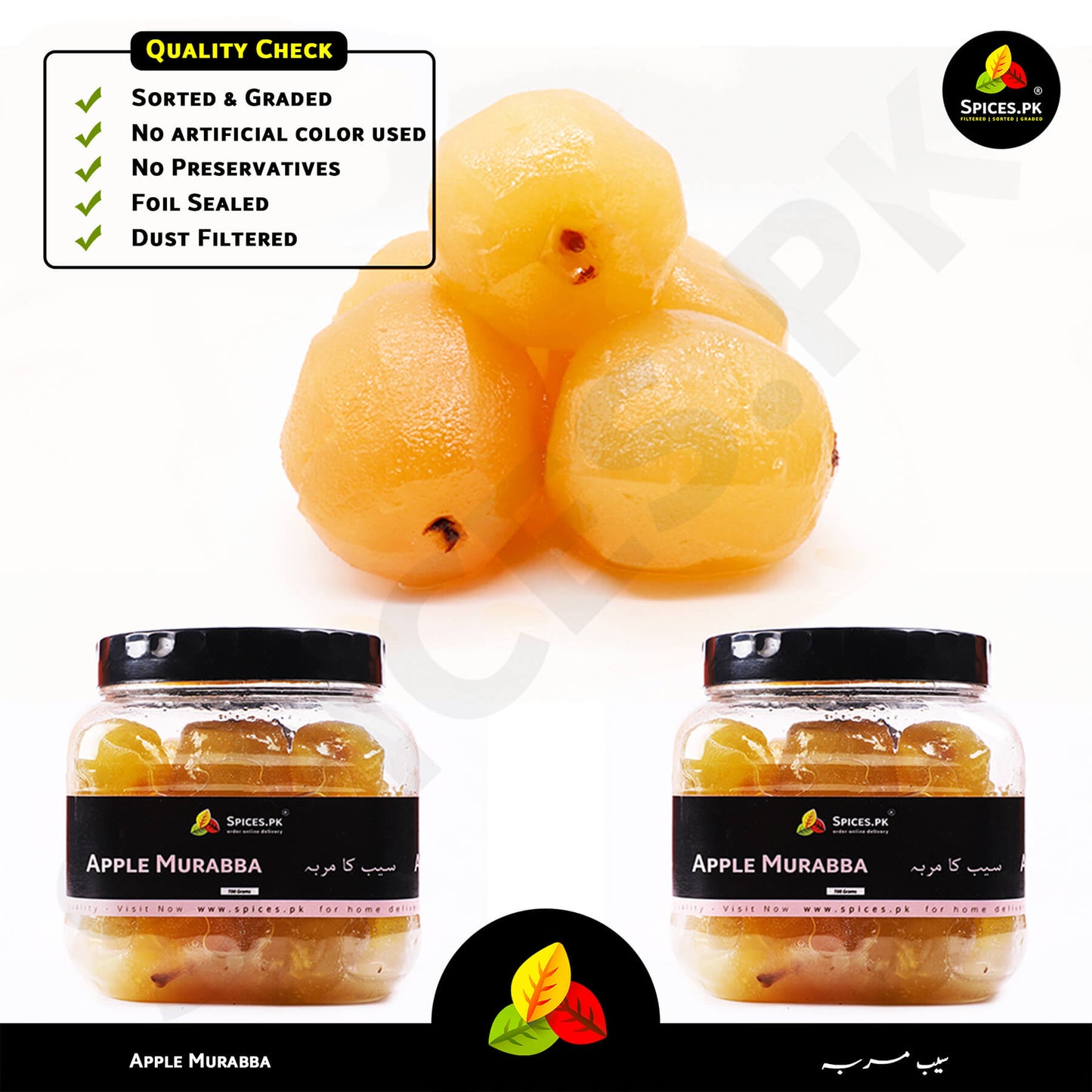 Sorted and graded Apple Murabba without artificial colors or preservatives, dust-filtered and foil-sealed by Spices.pk. Two jars of Apple Murabba with a display of unprocessed apples above them, featuring Spices.pk branding.
