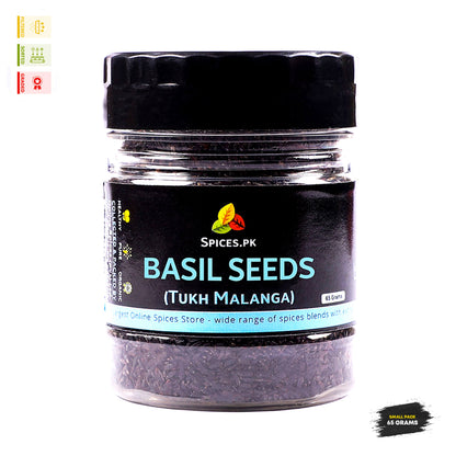 Premium pack of organic Basil Seeds (Tukh Malanga) by Spices.pk, 100% pure natural seeds for weight loss and cooling summer drinks.Jar of basil seeds with a black lid and label on a white background