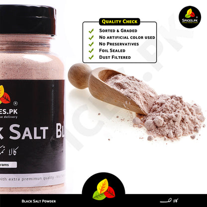 Black salt container with black salt powder and a wooden scoop on a white background, featuring Spices.PK branding.Wooden scoop with pure Black Salt powder, highlighting Spices.pk quality and purity.