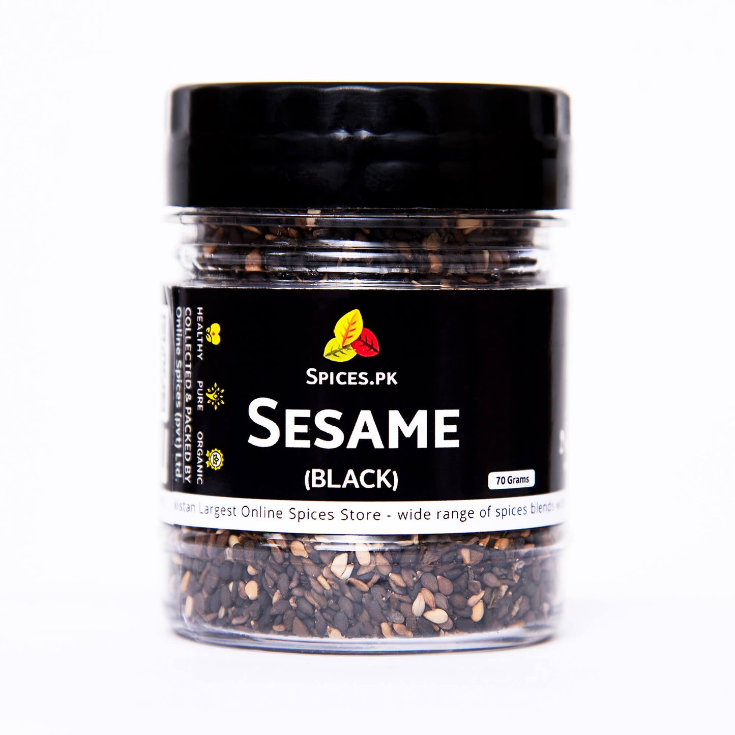 Close-up of Spices.pk 70g jar of pure organic black sesame seeds. High-quality packaging highlighting sorted and graded natural spices