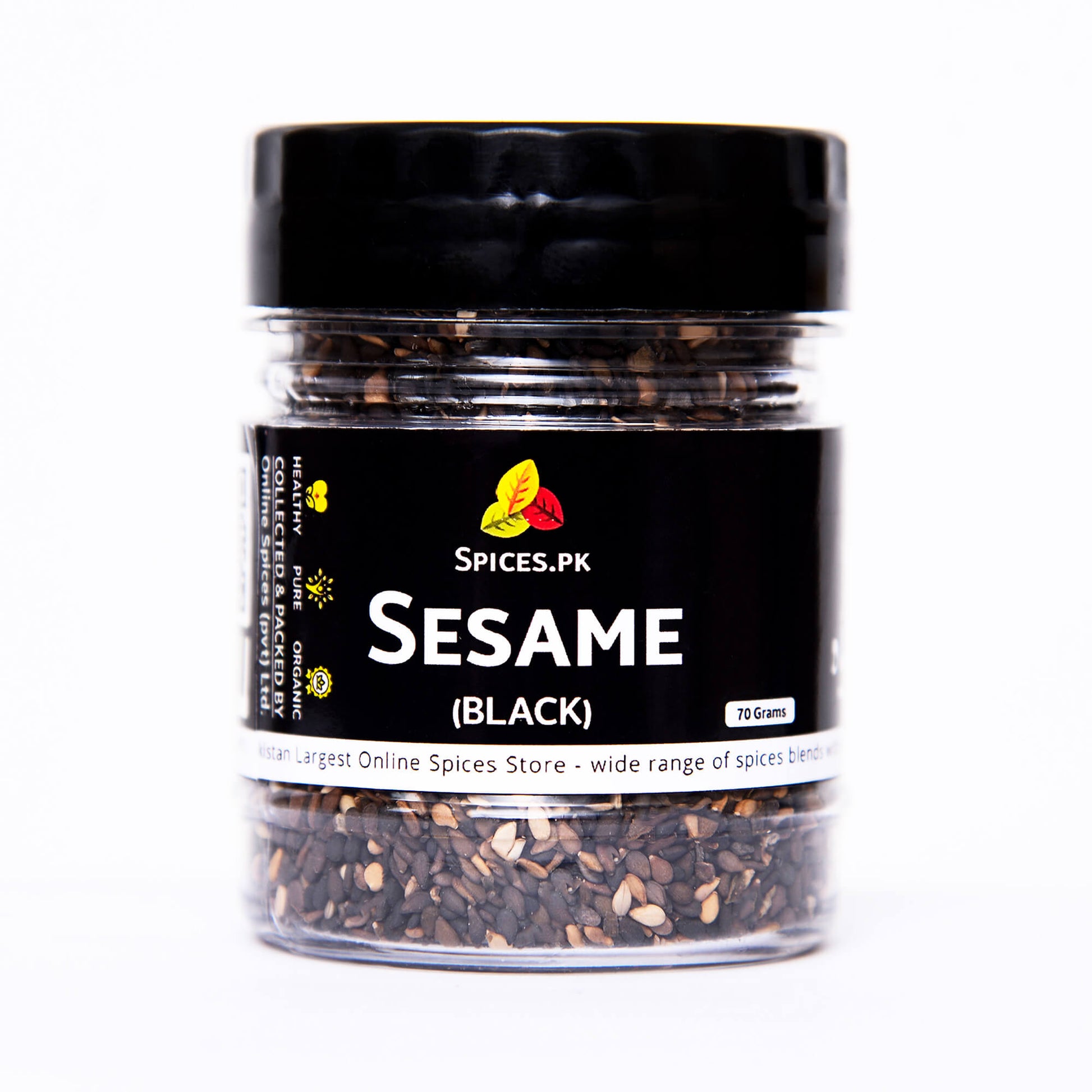 Close-up of Spices.pk 70g jar of pure organic black sesame seeds. High-quality packaging highlighting sorted and graded natural spices